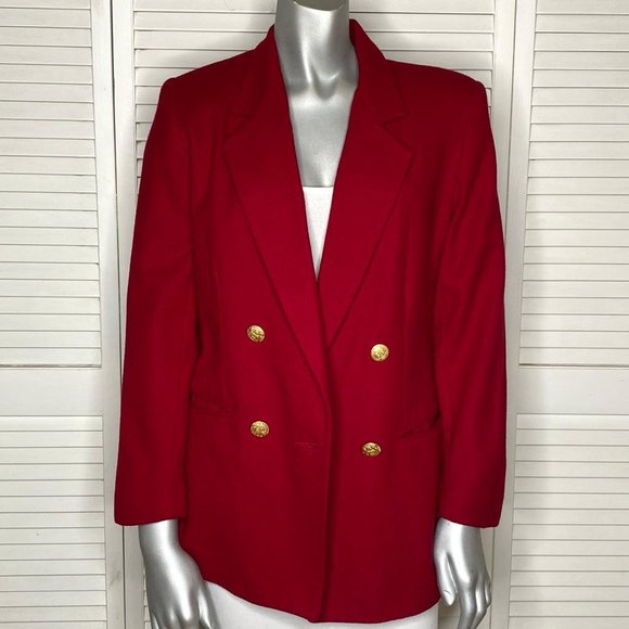 Vintage 90s CASABLANCA Petites Red Wool Blazer Double-Breasted Jacket Gold 4 - Picture 6 of 7